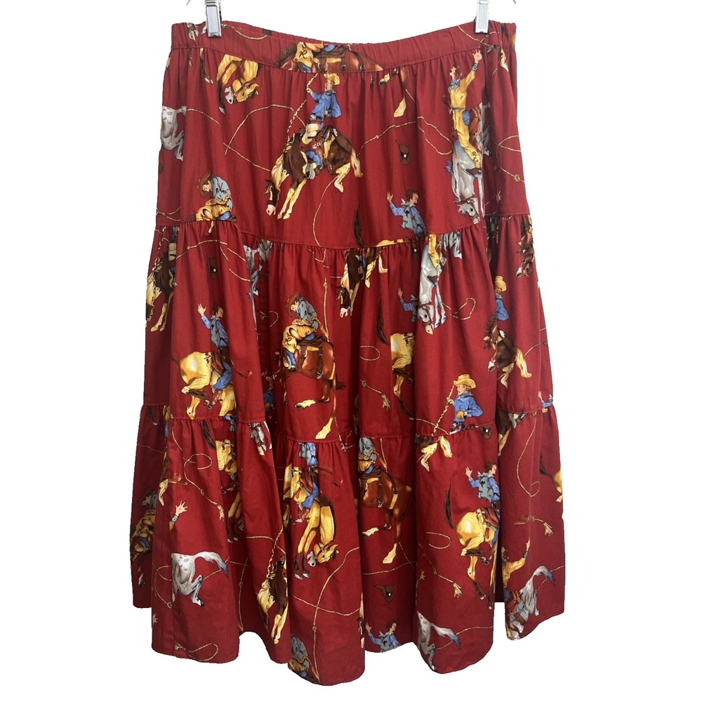 Broom Skirts Women's VTG Tiered Western Skirt Cowgirl Rodeo Red Waist 34" (XL)